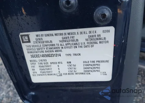 2006 Chevrolet Silverado 1500 Work Truck from USA, damaged, VIN 3GCEC14X56G231314